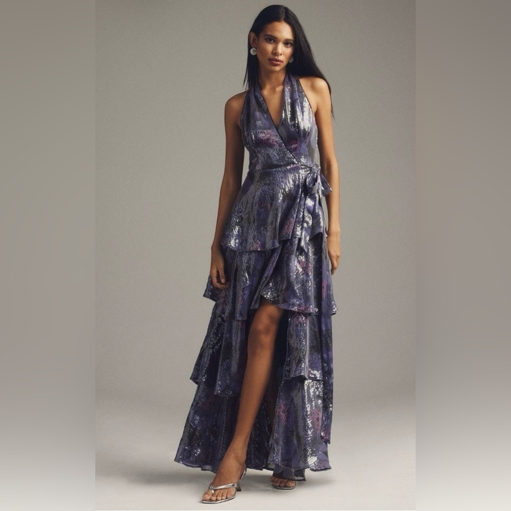 Anthropologie Hutch Paige Sleeveless Halter Sequin Tiered Wrap Maxi Dress M NWT